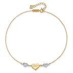 14K Two-tone Diamond-cut and MOM Puffed Heart 9 inch Plus 1 inch Extender - Total 10 inch Anklet