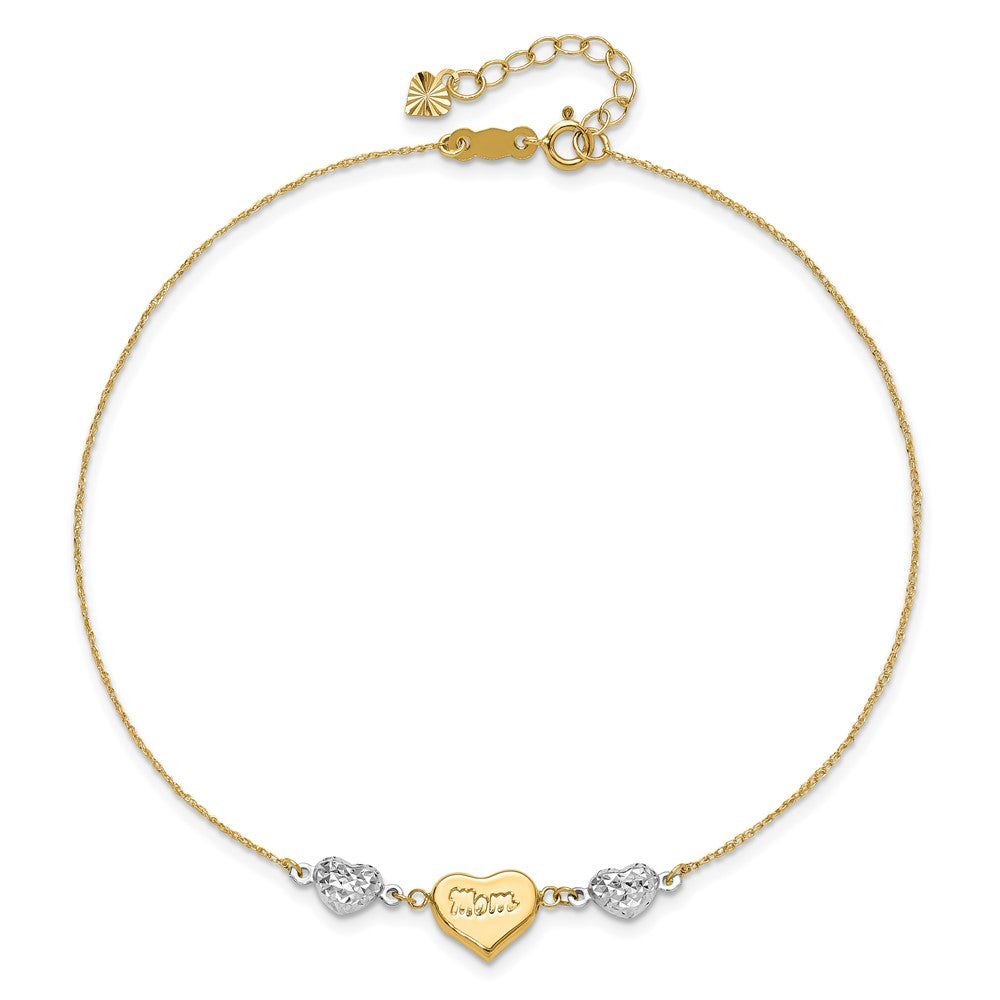 14K Two-tone Diamond-cut and MOM Puffed Heart 9 inch Plus 1 inch Extender - Total 10 inch Anklet