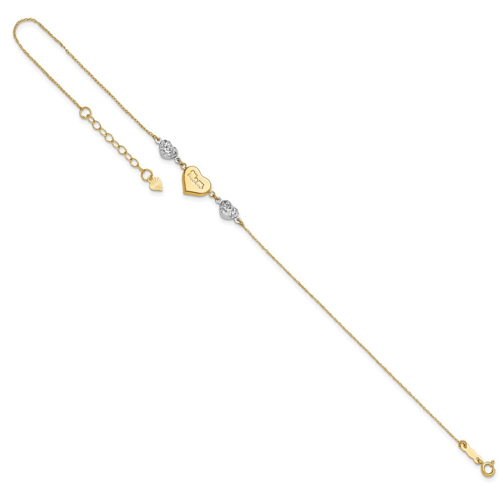 14K Two-tone Diamond-cut and MOM Puffed Heart 9 inch Plus 1 inch Extender - Total 10 inch Anklet