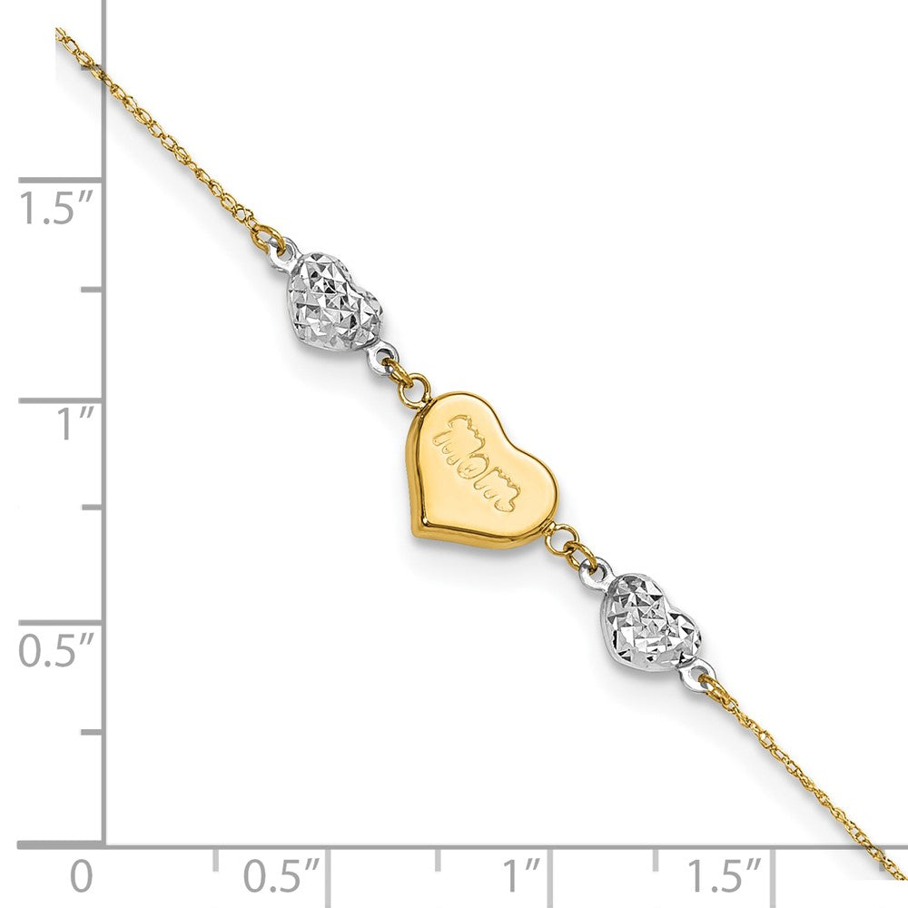 14K Two-tone Diamond-cut and MOM Puffed Heart 9 inch Plus 1 inch Extender - Total 10 inch Anklet