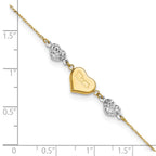 14K Two-tone Diamond-cut and MOM Puffed Heart 9 inch Plus 1 inch Extender - Total 10 inch Anklet