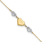 14K Two-tone Diamond-cut and MOM Puffed Heart 9 inch Plus 1 inch Extender - Total 10 inch Anklet