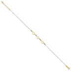 14K Two-tone Three Hearts and Diamond-cut Beads 9 inch Plus 1 inch Extender - Total 10 inch Anklet