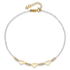 14K Two-tone Three Hearts and Diamond-cut Beads 9 inch Plus 1 inch Extender - Total 10 inch Anklet