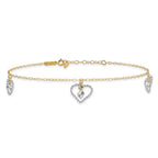 14K Two-tone Twisted Diamond-cut 3 Heart Dangles 9 inch Plus 1 inch Extender - Total 10 inch Anklet