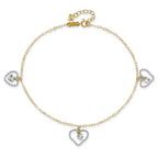 14K Two-tone Twisted Diamond-cut 3 Heart Dangles 9 inch Plus 1 inch Extender - Total 10 inch Anklet