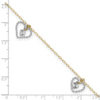 14K Two-tone Twisted Diamond-cut 3 Heart Dangles 9 inch Plus 1 inch Extender - Total 10 inch Anklet