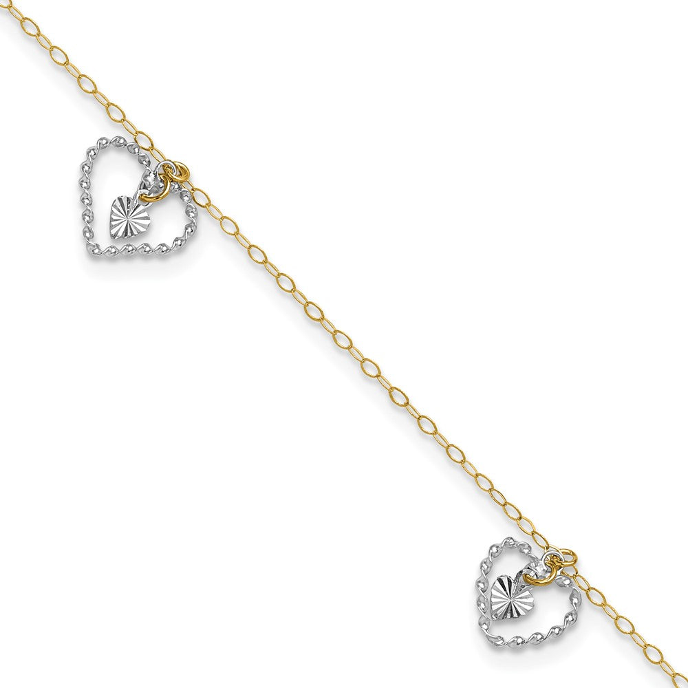 14K Two-tone Twisted Diamond-cut 3 Heart Dangles 9 inch Plus 1 inch Extender - Total 10 inch Anklet