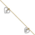 14K Two-tone Twisted Diamond-cut 3 Heart Dangles 9 inch Plus 1 inch Extender - Total 10 inch Anklet