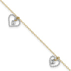 14K Two-tone Twisted Diamond-cut 3 Heart Dangles 9 inch Plus 1 inch Extender - Total 10 inch Anklet