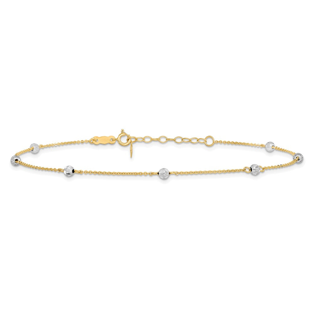 14K Two-tone Diamond-cut Beads 7-Station 9 inch Plus 1 inch Extender - Total 10 inch Anklet