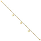 14k Diamond-cut 3 Cross Dangles and Beads 9 inch Plus 1 inch Extender - Total 10 inch Anklet