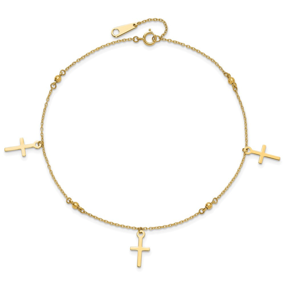 14k Diamond-cut 3 Cross Dangles and Beads 9 inch Plus 1 inch Extender - Total 10 inch Anklet