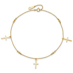 14k Diamond-cut 3 Cross Dangles and Beads 9 inch Plus 1 inch Extender - Total 10 inch Anklet