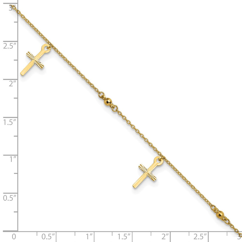 14k Diamond-cut 3 Cross Dangles and Beads 9 inch Plus 1 inch Extender - Total 10 inch Anklet