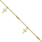 14k Diamond-cut 3 Cross Dangles and Beads 9 inch Plus 1 inch Extender - Total 10 inch Anklet