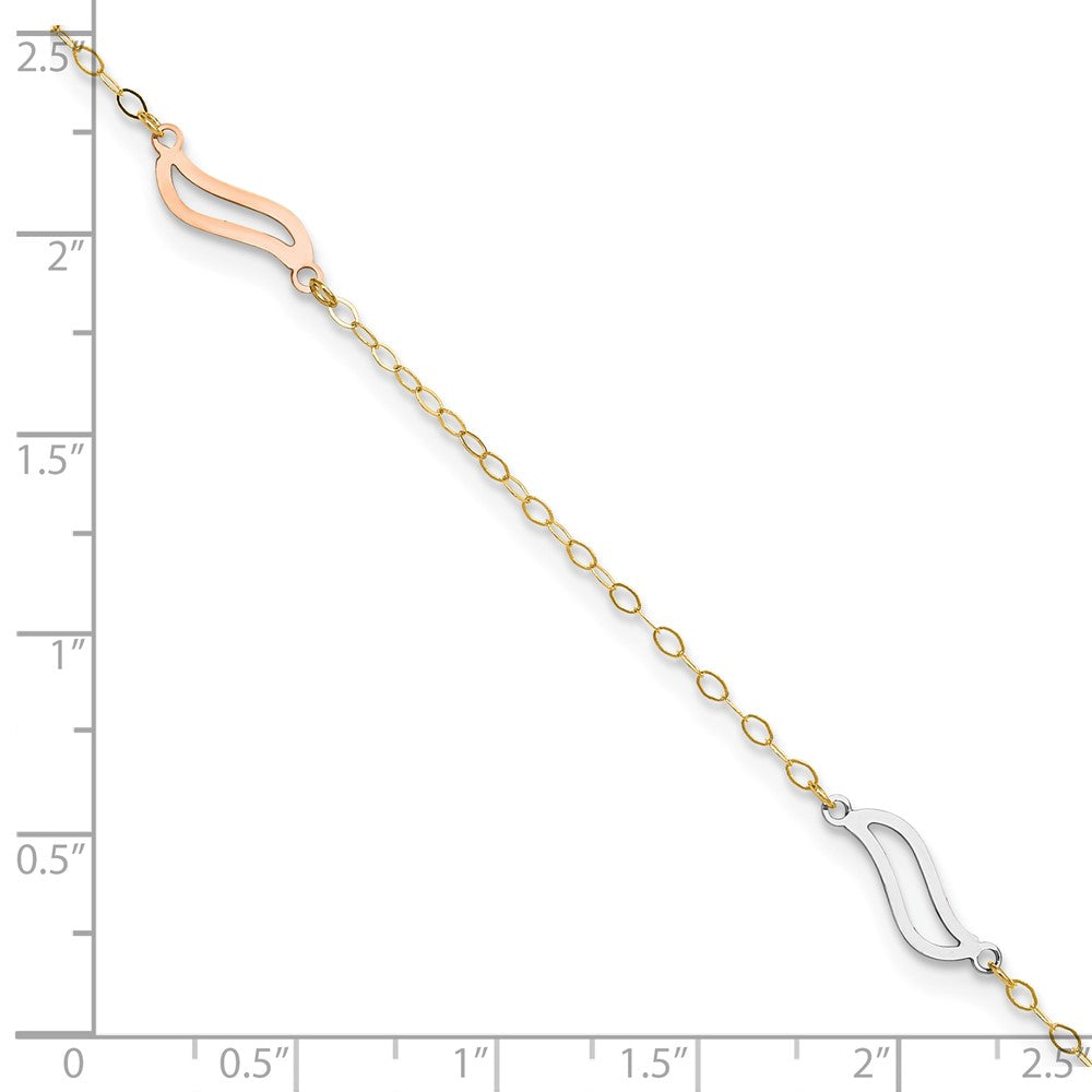 14K Tri-color Open Wavy Links 3-Station 9 inch Plus 1 inch Extender - Total 10 inch Anklet