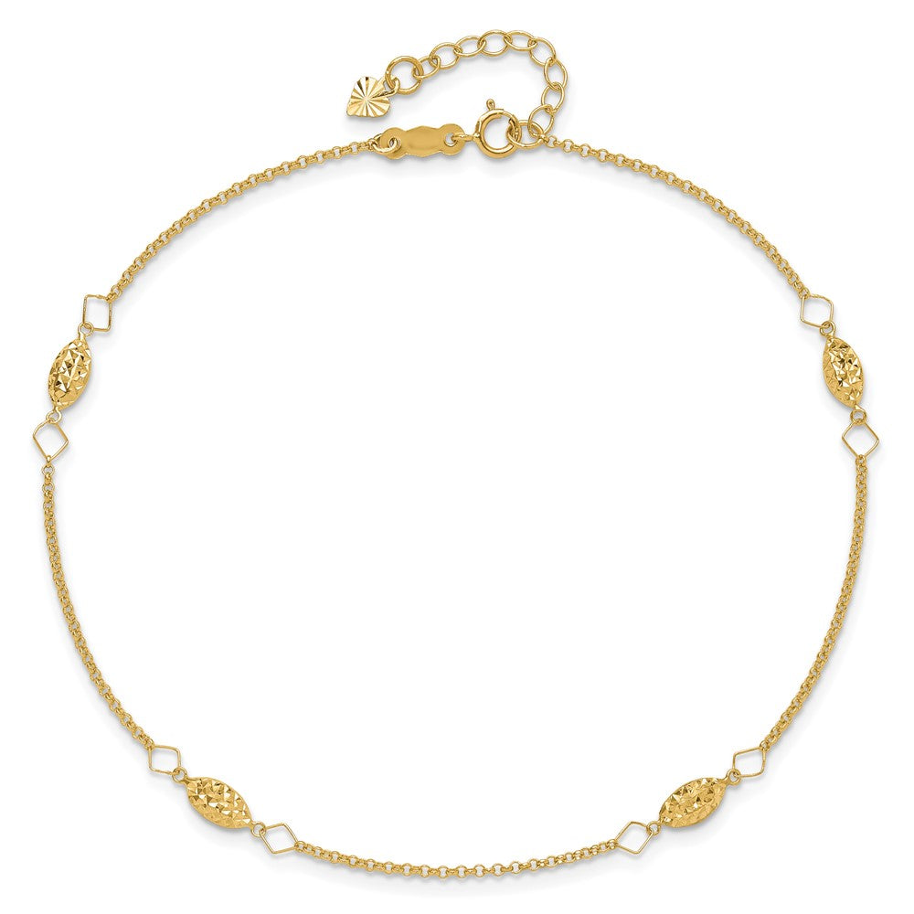 14K Diamond-cut Rice Puff Beads 4-Station 9 inch Plus 1 inch Extender - Total 10 inch Anklet