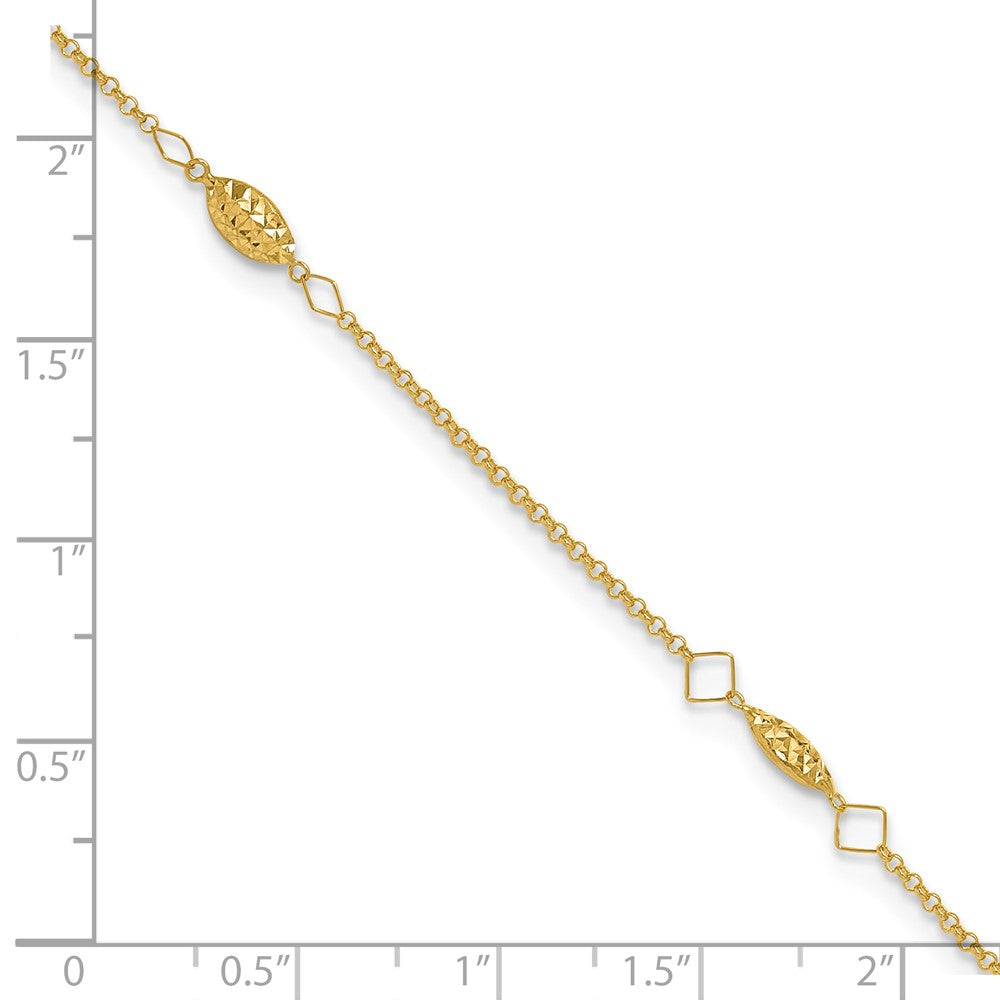 14K Diamond-cut Rice Puff Beads 4-Station 9 inch Plus 1 inch Extender - Total 10 inch Anklet