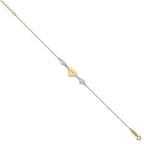 14K Two-tone Puffed LOVE Heart and Diamond-cut Beads 7 inch Bracelet Plus 1 inch Heart Dangle Extender