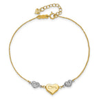 14K Two-tone Puffed MOM Heart and Diamond-cut Beads 7 inch Bracelet Plus 1 inch Heart Dangle Extender