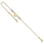14K Two-tone Puffed MOM Heart and Diamond-cut Beads 7 inch Bracelet Plus 1 inch Heart Dangle Extender