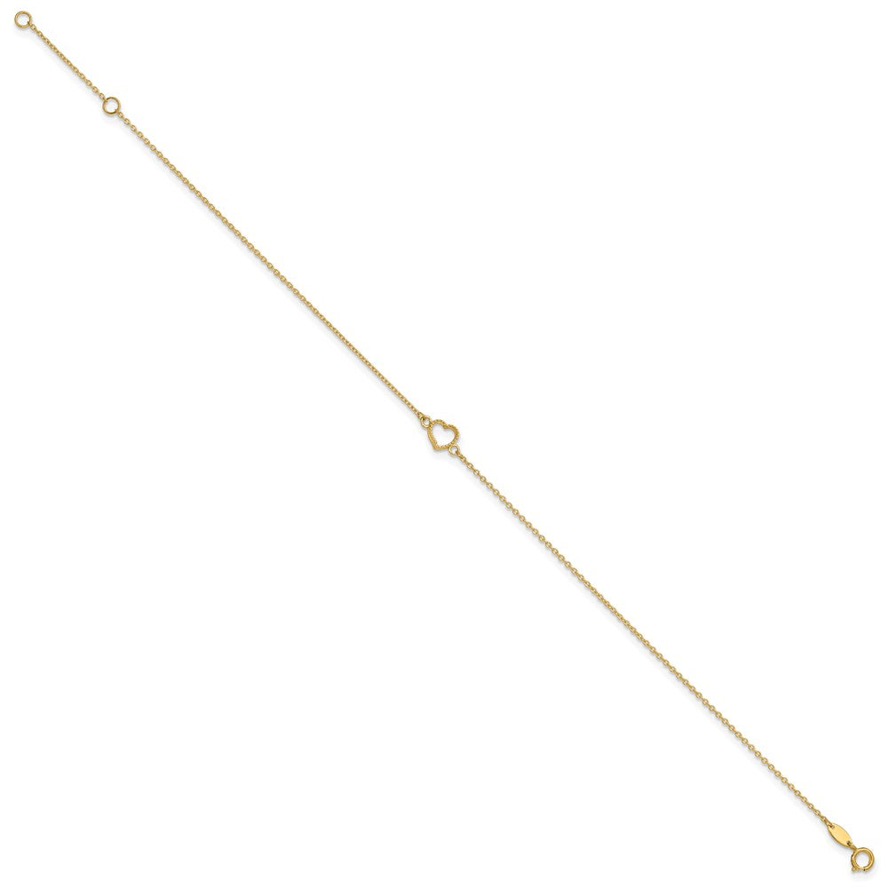 14K Textured and Polished Open Heart 9 inch Plus 1 inch Extender - Total 10 inch Anklet