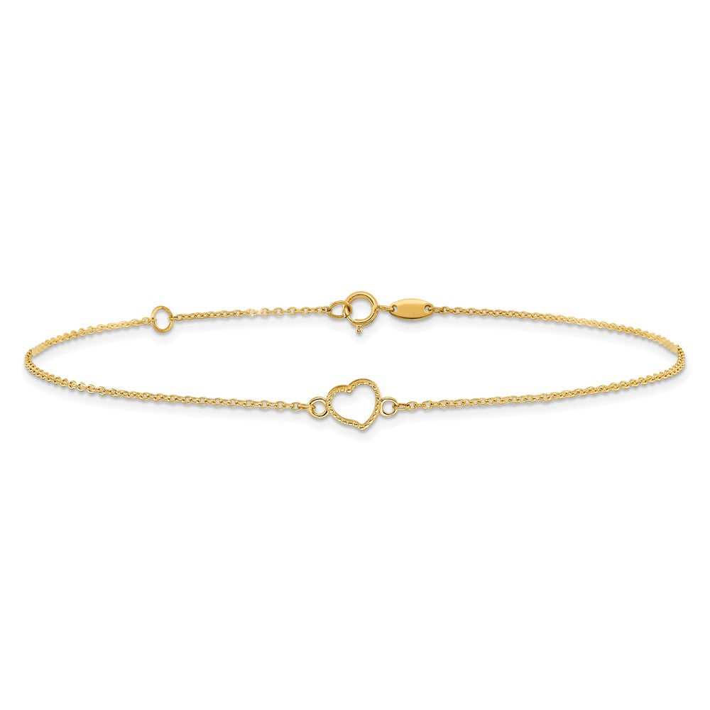 14K Textured and Polished Open Heart 9 inch Plus 1 inch Extender - Total 10 inch Anklet