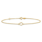 14K Textured and Polished Open Heart 9 inch Plus 1 inch Extender - Total 10 inch Anklet
