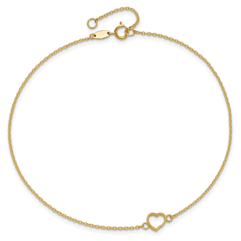 14K Textured and Polished Open Heart 9 inch Plus 1 inch Extender - Total 10 inch Anklet
