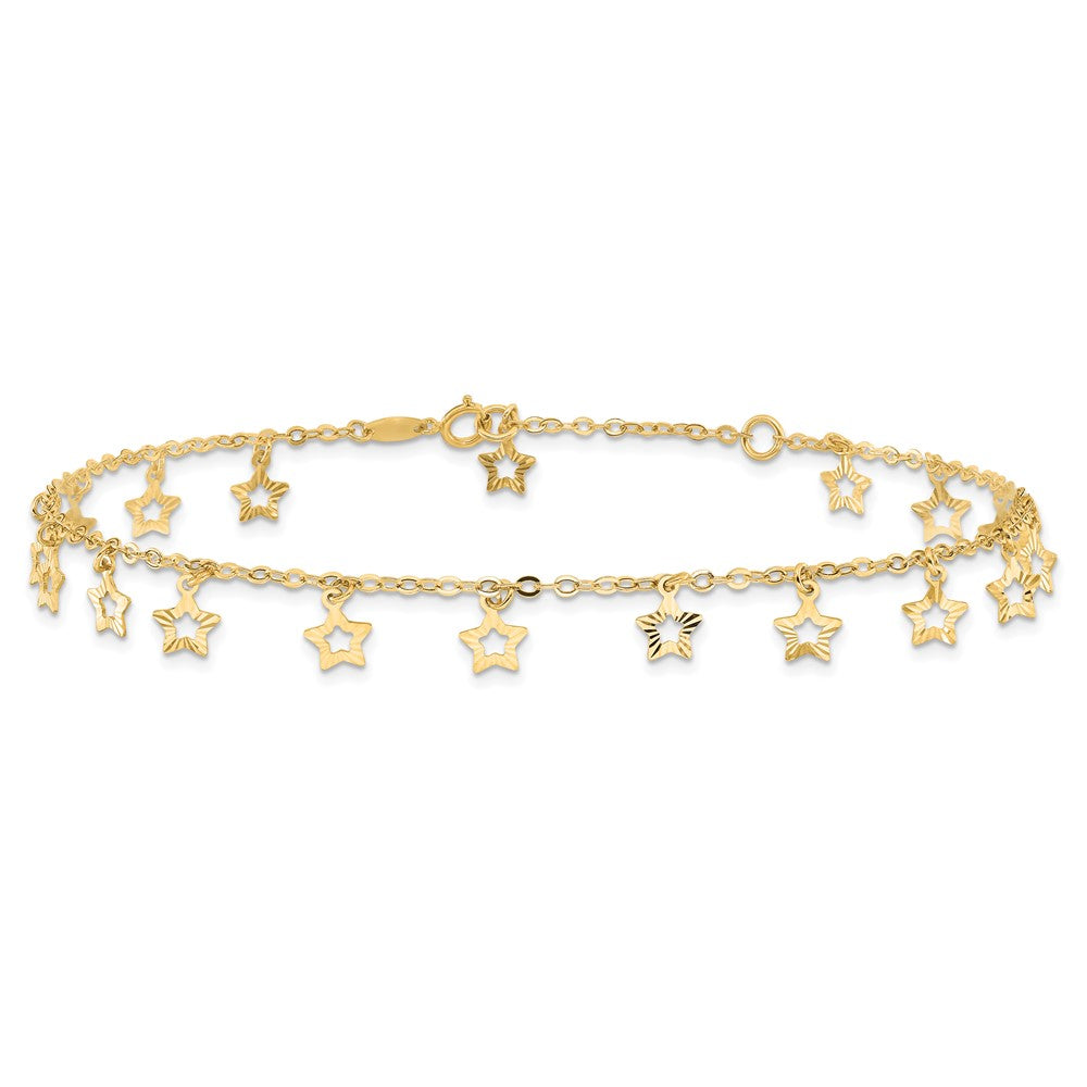 14k Polished and Textured Dangle Stars 9 inch Plus 1 inch Star Dangle Extender - Total 10 inch Anklet