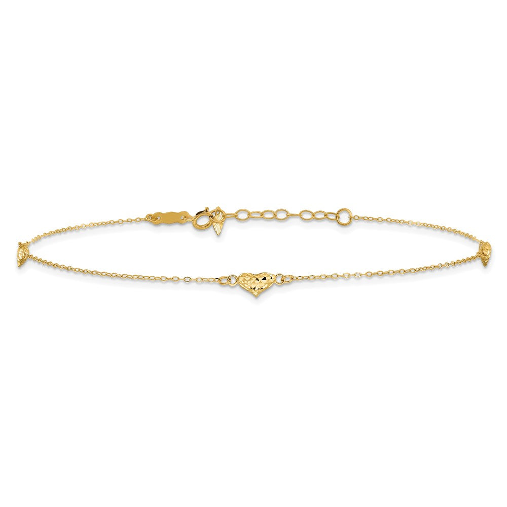 14k Polished Diamond-cut Triple Puffed Hearts 9 inch Plus 1 inch Extender - Total 10 inch Anklet