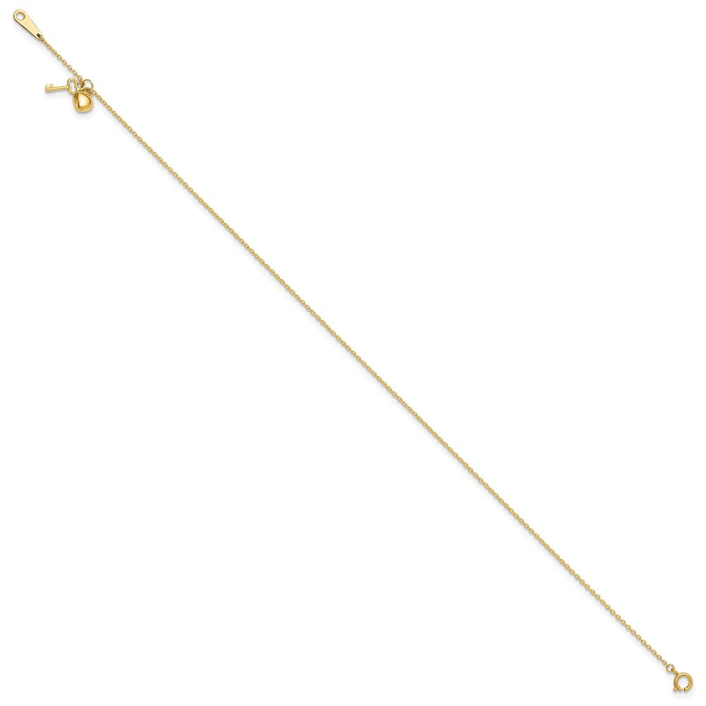14k Cable Chain with Puffed Heart and Key Dangle 9 inch Plus 1 inch Extender - Total 10 inch Anklet