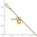 14k Cable Chain with Puffed Heart and Key Dangle 9 inch Plus 1 inch Extender - Total 10 inch Anklet