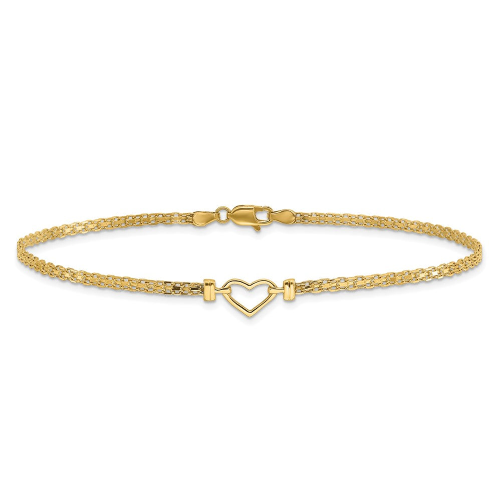14k Polished Open Heart and Bismark Chain Anklet