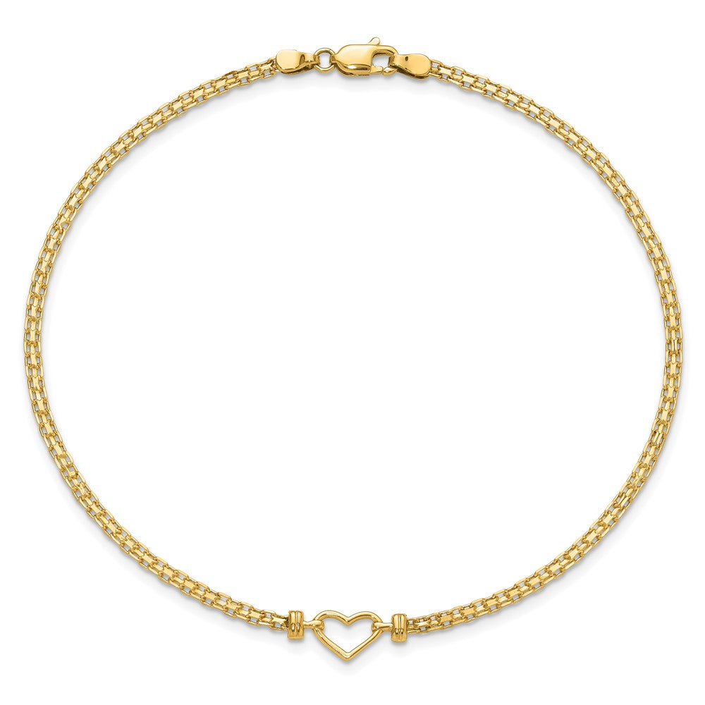 14k Polished Open Heart and Bismark Chain Anklet