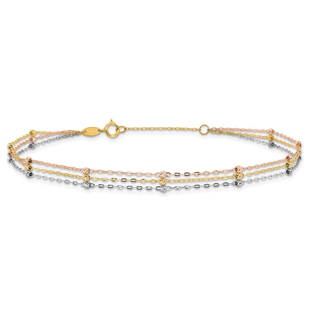 14k Tri-color 3-Strand Diamond-cut Beaded 9-Station 9 inch Plus 1 inch Extender - Total 10 inch Anklet