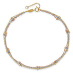 14k Tri-color 3-Strand Diamond-cut Beaded 9-Station 9 inch Plus 1 inch Extender - Total 10 inch Anklet