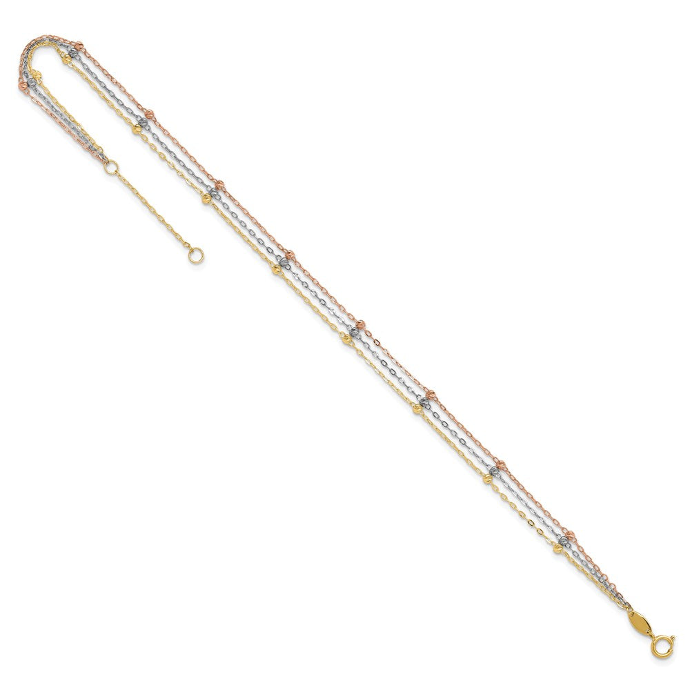 14k Tri-color 3-Strand Diamond-cut Beaded 9-Station 9 inch Plus 1 inch Extender - Total 10 inch Anklet