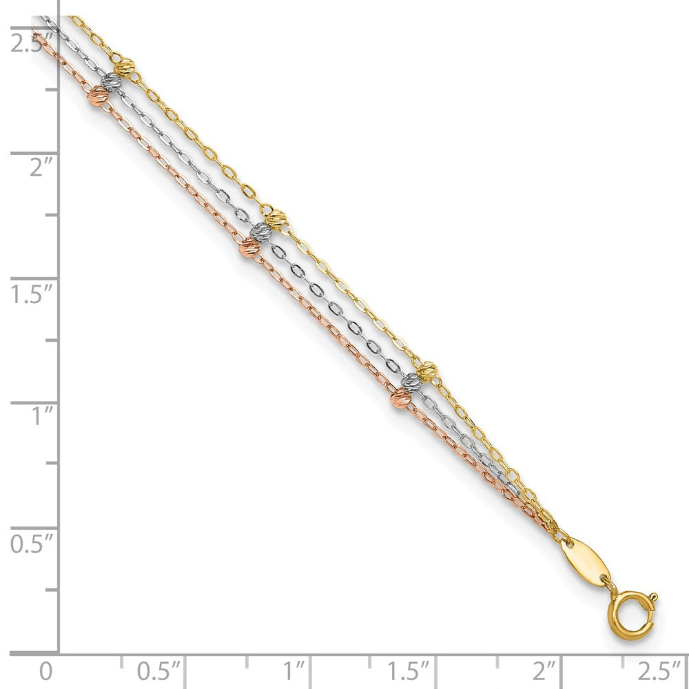 14k Tri-color 3-Strand Diamond-cut Beaded 9-Station 9 inch Plus 1 inch Extender - Total 10 inch Anklet