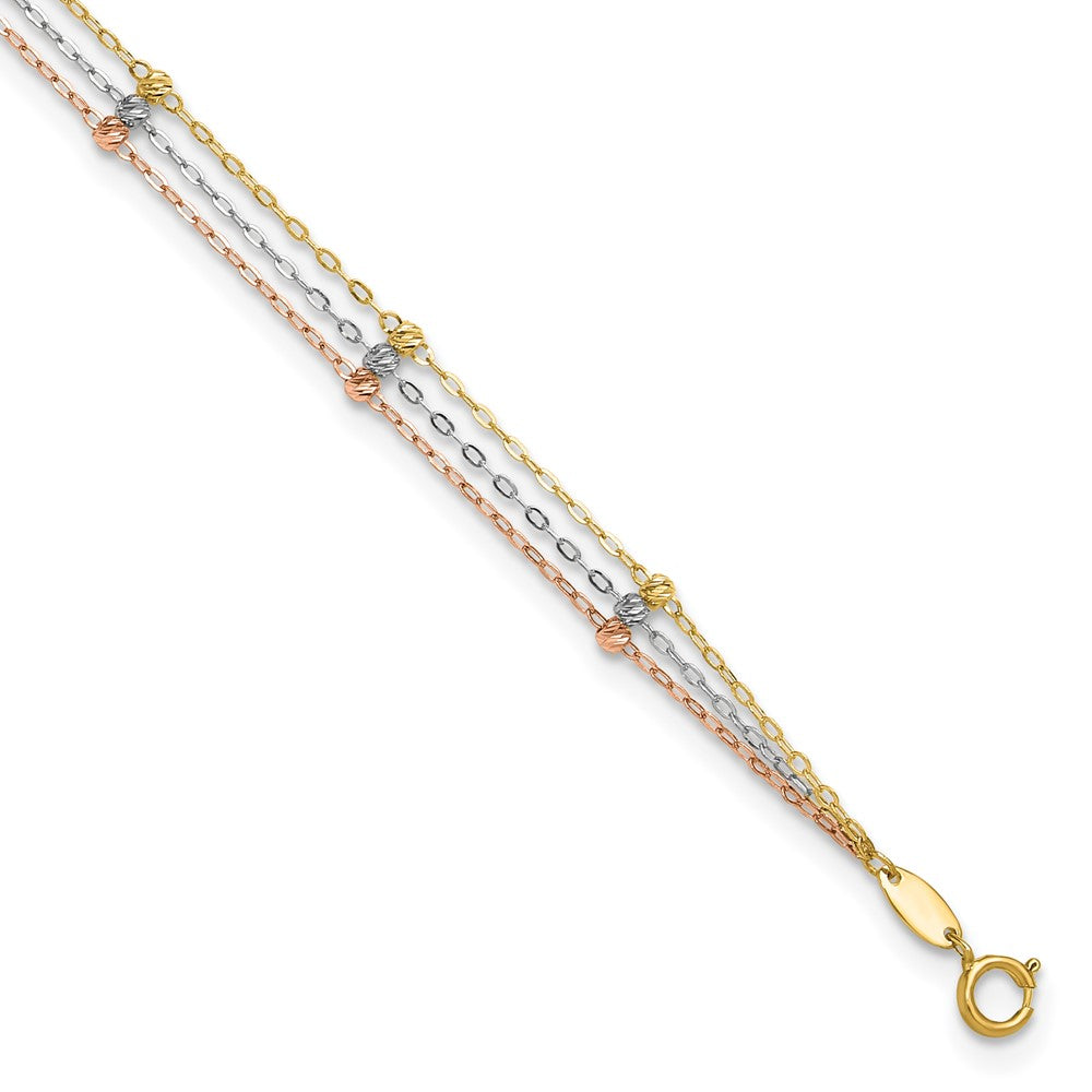 14k Tri-color 3-Strand Diamond-cut Beaded 9-Station 9 inch Plus 1 inch Extender - Total 10 inch Anklet