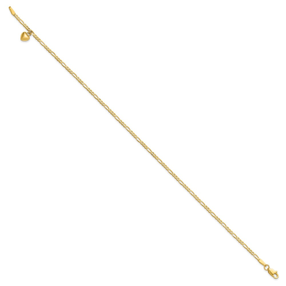 14k Figaro Link Chain with Dangling Puffed Heart Anklet