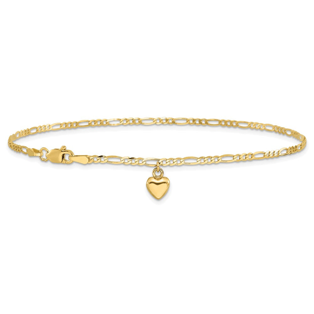 14k Figaro Link Chain with Dangling Puffed Heart Anklet