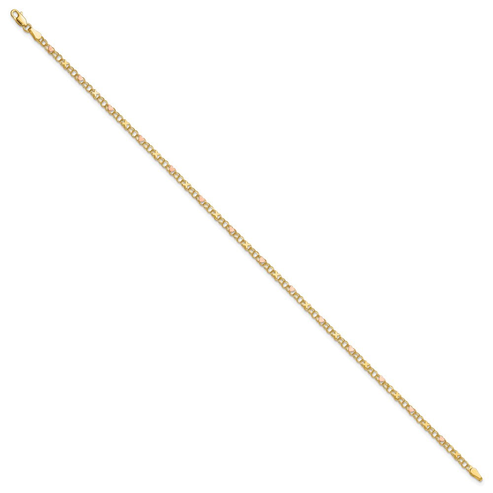14k Polished and Satin Rose-plated X-and-Heart 10 inch Anklet