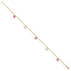 14k Pink and White Enameled Butterfly Dangles 9 inch Plus 1 inch Extender - Total 10 inch Anklet