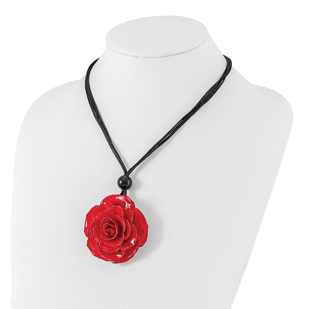 Lacquer Dipped Large Red Real Rose with Glass Bead on 18 inch Black Cotton Cord Necklace