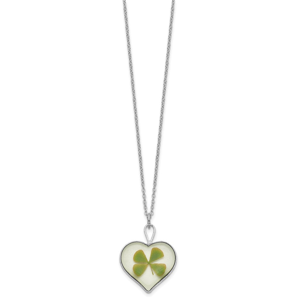 Silver Trim Real Four Leaf Clover in Heart 20 inch Silver-plated Chain Necklace