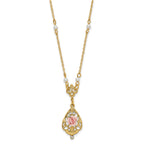 1928 Jewelry Gold-tone Imitation Pearl Pink Porcelain Rose and Clear Crystal Filigree Teardrop 17 inch Necklace