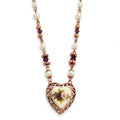 1928 Jewelry Rose-tone Heart Filigree Frame Purple Faceted Crystal Bead Imitation Pearl Rose Floral Motif 15 inch Necklace