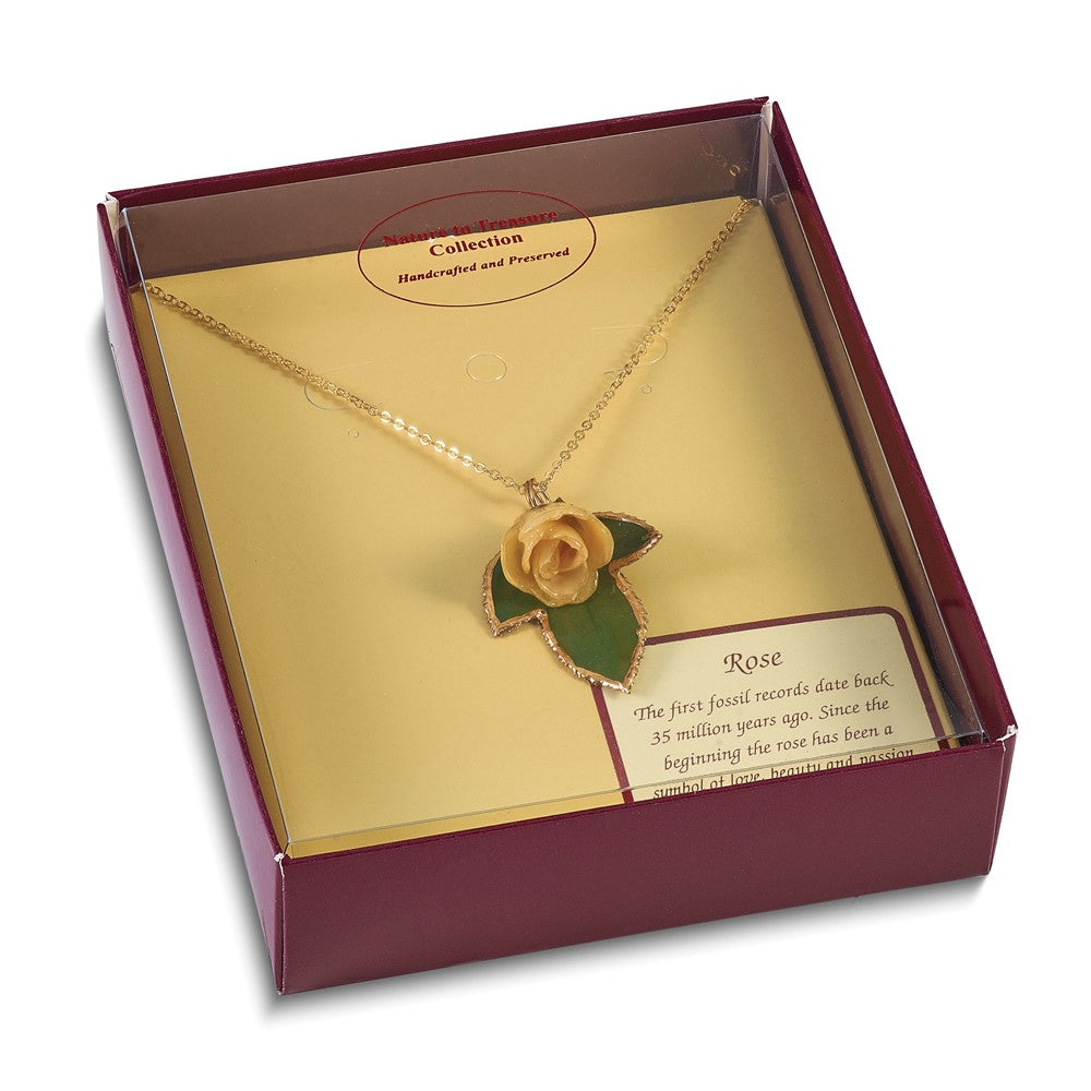 Lacquer Dipped White Real Rose on 24K Gold-trim Lacquer Dipped Leaf 20 inch Gold-tone Necklace